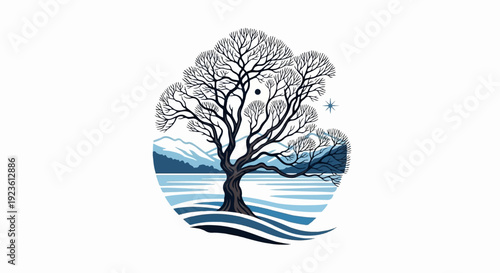 Bare tree stands by icy water under a pale moon and star