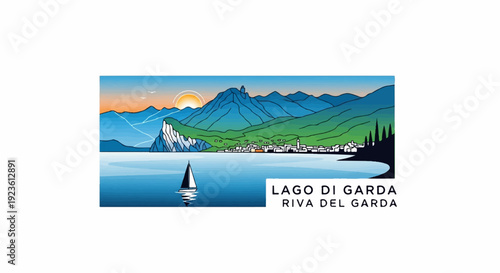 Coastal town nestled below mountains, with a sailboat on a calm lake at sunset