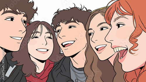 Five friends are having fun and smiling while they take a group selfie. They show joy and friendship in the moment.