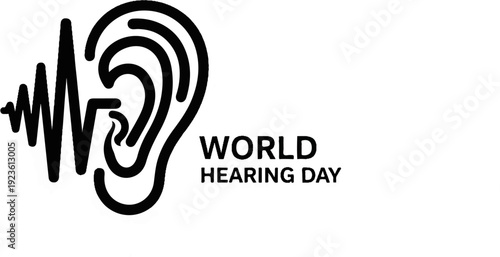 Black outline of an ear with a sound wave and text reading "WORLD HEARING DAY