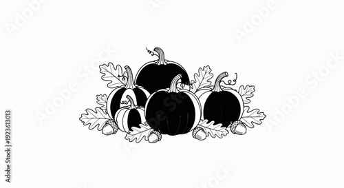 Autumn harvest of pumpkins, acorns and oak leaves