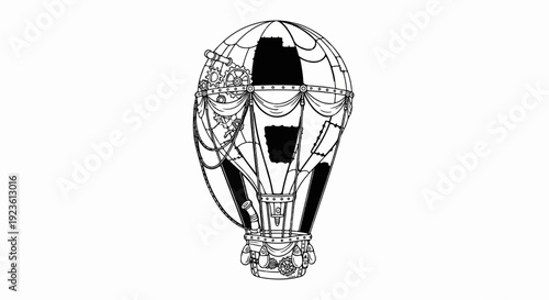 Elaborate steampunk hot air balloon with gears and intricate basket detail