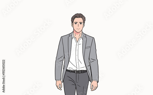 A man walks in a suit in a bright room. He looks focused and moves with purpose during daytime.