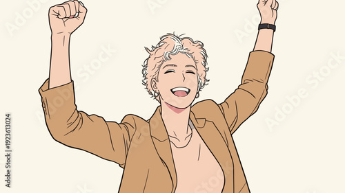 A person with short, curly hair smiles widely and raises their arms, showing excitement and joy. The background is light and neutral.