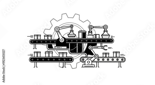 Automated assembly line with robotic arms and conveyor belts