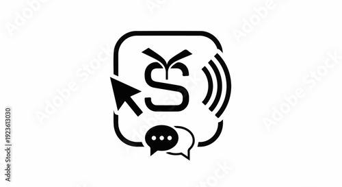 Black outline symbol cursor, letter S, chat bubble, radio waves
