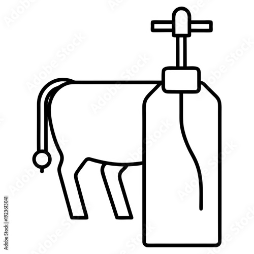 White outline icon of a cow and a large milk jug, illustrating dairy production