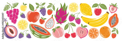 Colorful Summer Fruit Vector Set with Watermelon, Papaya, Dragon Fruit, Grapes, Lemon, Banana and Berries, Hand Drawn Tropical Illustration Collection Isolated on White