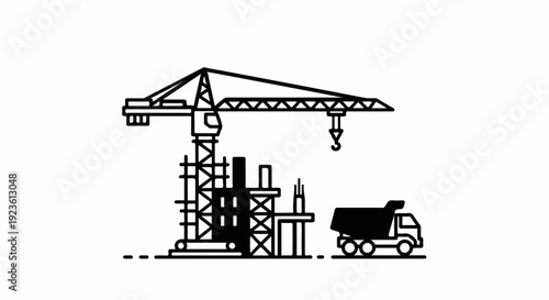 Construction site with a crane, building in progress, and a truck