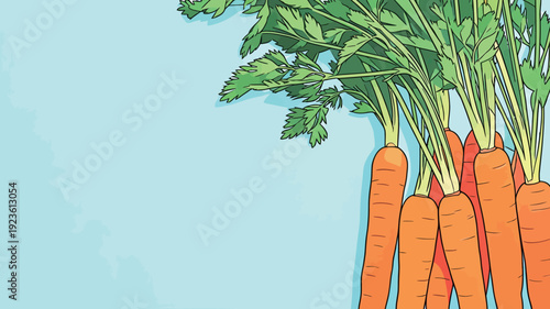 A bunch of fresh carrots with their green tops sits on a light blue background. The scene focuses on the vibrant colors and textures of the carrots.