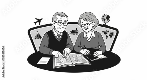 Elderly couple planning a trip using a map and globe with travel icons