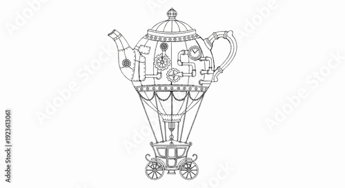 Elaborate steampunk kettle-shaped hot air balloon with carriage