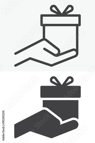 Gift box in hand icon set in line and solid style. Outline and solid gift box in hand icon with editable stroke vector sign and symbol for donation and support.