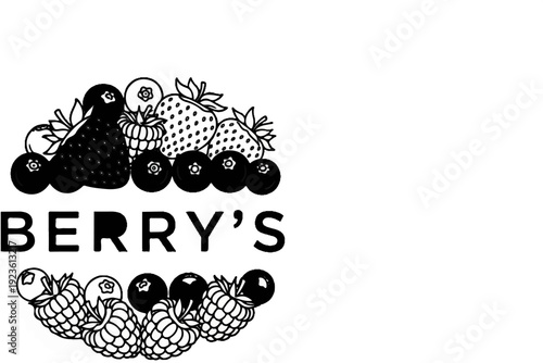 Assortment of ripe, juicy berries, some solid black, others outlined, forming a circular arrangement with bold lettering