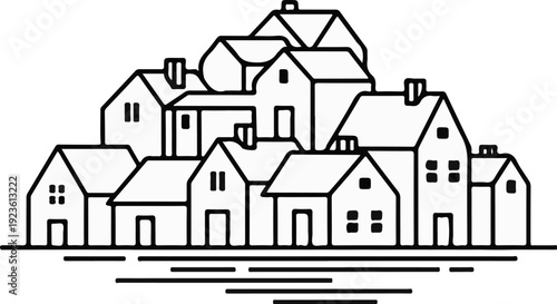 Clustered simplified houses with windows, doors, and roofs