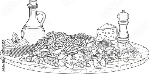 Assortment of pasta, cheese, oil, and seasoning on a wooden surface