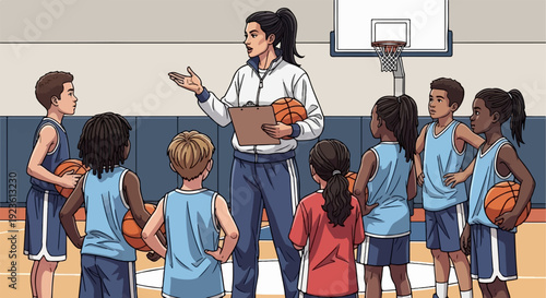 Coach instructing a group of diverse young basketball players during practice