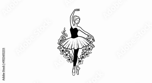 Elegant ballerina in full tutu, adorned with delicate flowers