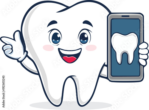 Healthy smiling tooth character holding smartphone showing tooth photo, 