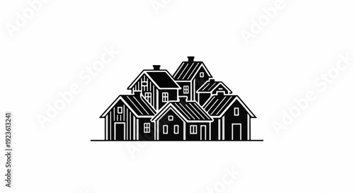Cluster of stylized black and white houses with pitched roofs, chimneys, and windows