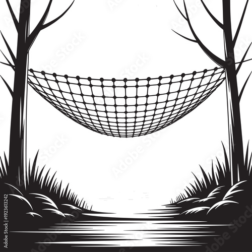 peaceful hammock suspended between trees in a stylized black and white forest illustration