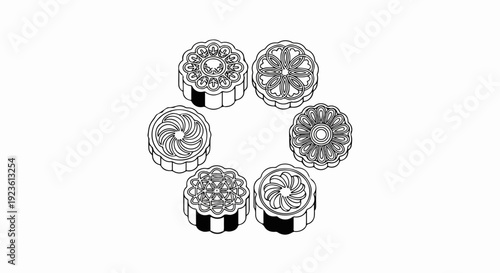 Assortment of intricately patterned round pastries arranged in a circular formation