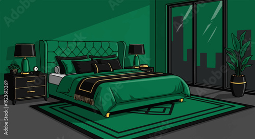 Elegant bedroom with emerald green bedding, tufted headboard, bedside tables, and city view