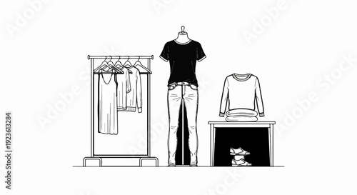Clothing display on racks, mannequin, and table with shoes