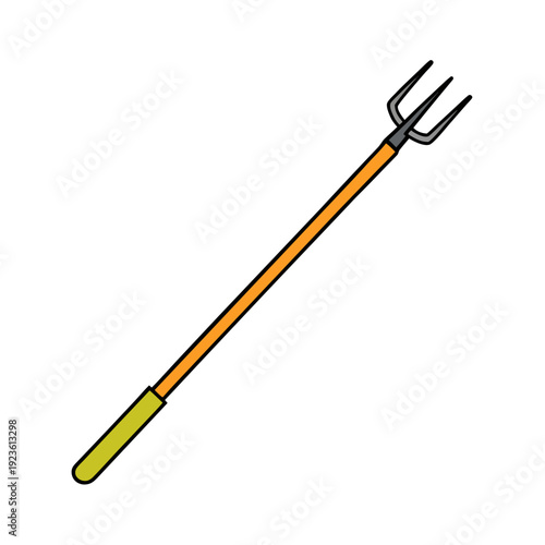 Orange and yellow trident with a long handle, fishing spear, stylized weapon, vector graphic