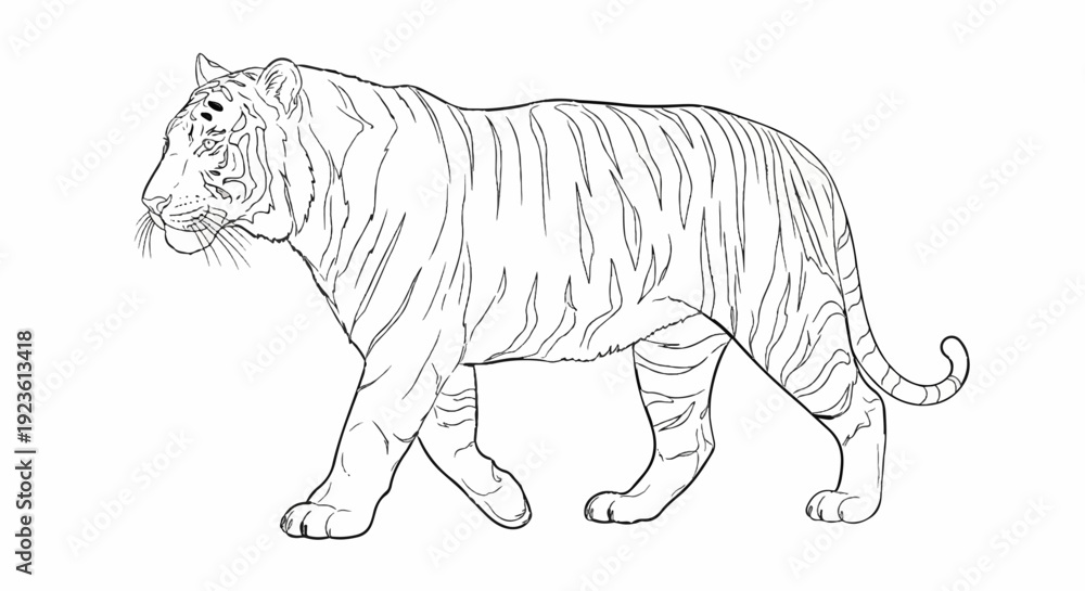 Fototapeta premium Black and white line drawing of a tiger walking with its tail curled