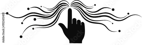 Black silhouette hand with index finger pointing up, surrounded by swirling lines
