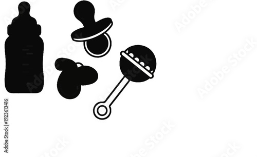 Black silhouette icons of baby bottle, pacifier, and rattle on white