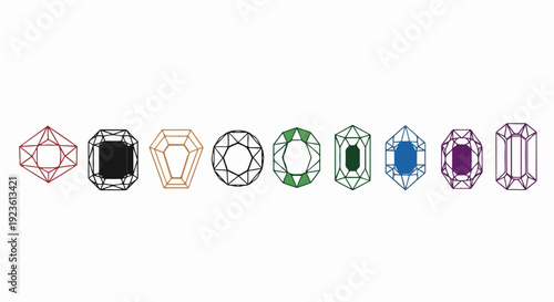 Assortment of faceted gemstone outlines in various shapes and colors