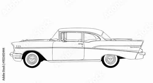 Black and white line drawing of a vintage coupe automobile from the side