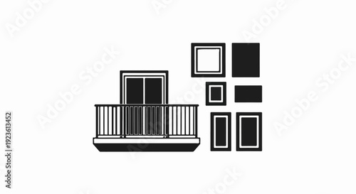 Black silhouette of a balcony with a door and a collection of frames