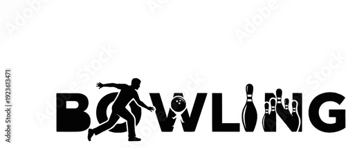 Black silhouette of a bowler mid-throw and bowling pins integrated into text