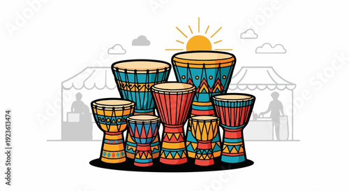 Assortment of colorful, patterned drums displayed outdoors with stalls and sun