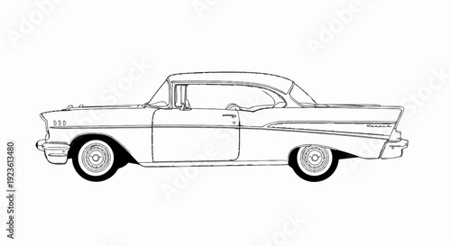 Black and white line drawing of a vintage two-door coupe automobile