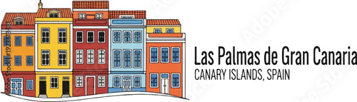 Colorful row of buildings with text for a Spanish island destination