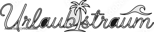 Elegant cursive text with a palm tree and wave graphic suggesting vacation
