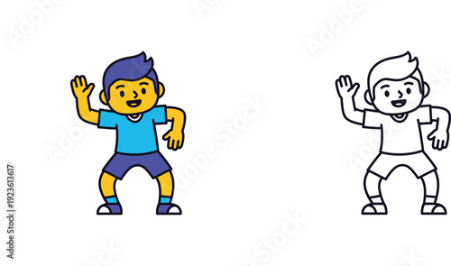Cheerful Cartoon Boy Waving in Color and Outline for Kids' Interactive Activities