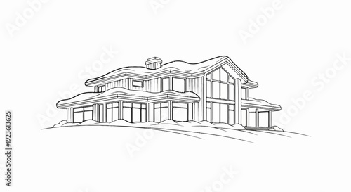 Artistic sketch of a modern, multi-level house with large windows and snow