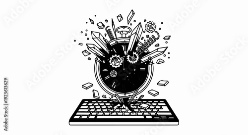 Clock exploding from keyboard with gears and crystals erupting