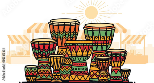 Colorful drums displayed at an outdoor market under a bright sun