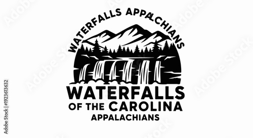 Black and white logo of a waterfall cascading down mountains and trees