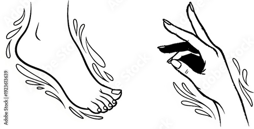 Artistic sketch of a foot and a hand with flowing water elements
