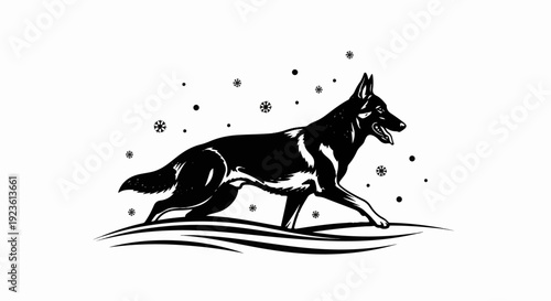 Black silhouette of a dog running in the snow with snowflakes