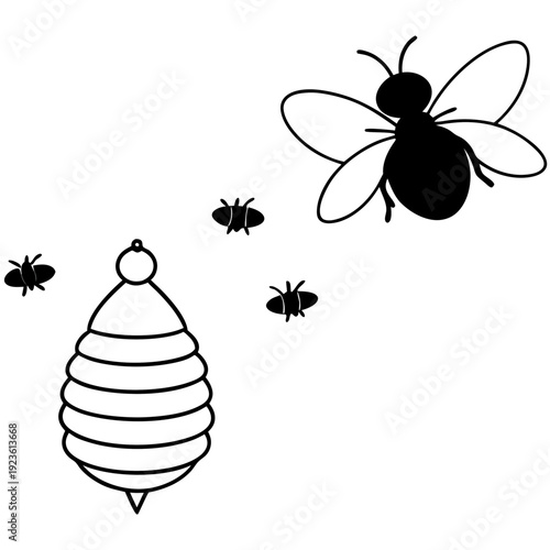 Stylized White Beehive with Flying Insect Icon, Simple Nature Design
