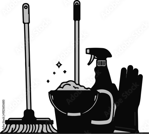 Cleaning supplies mop, bucket with suds, spray bottle, and gloves