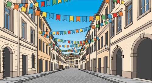 Colorful bunting adorns a European cobblestone street lined with buildings